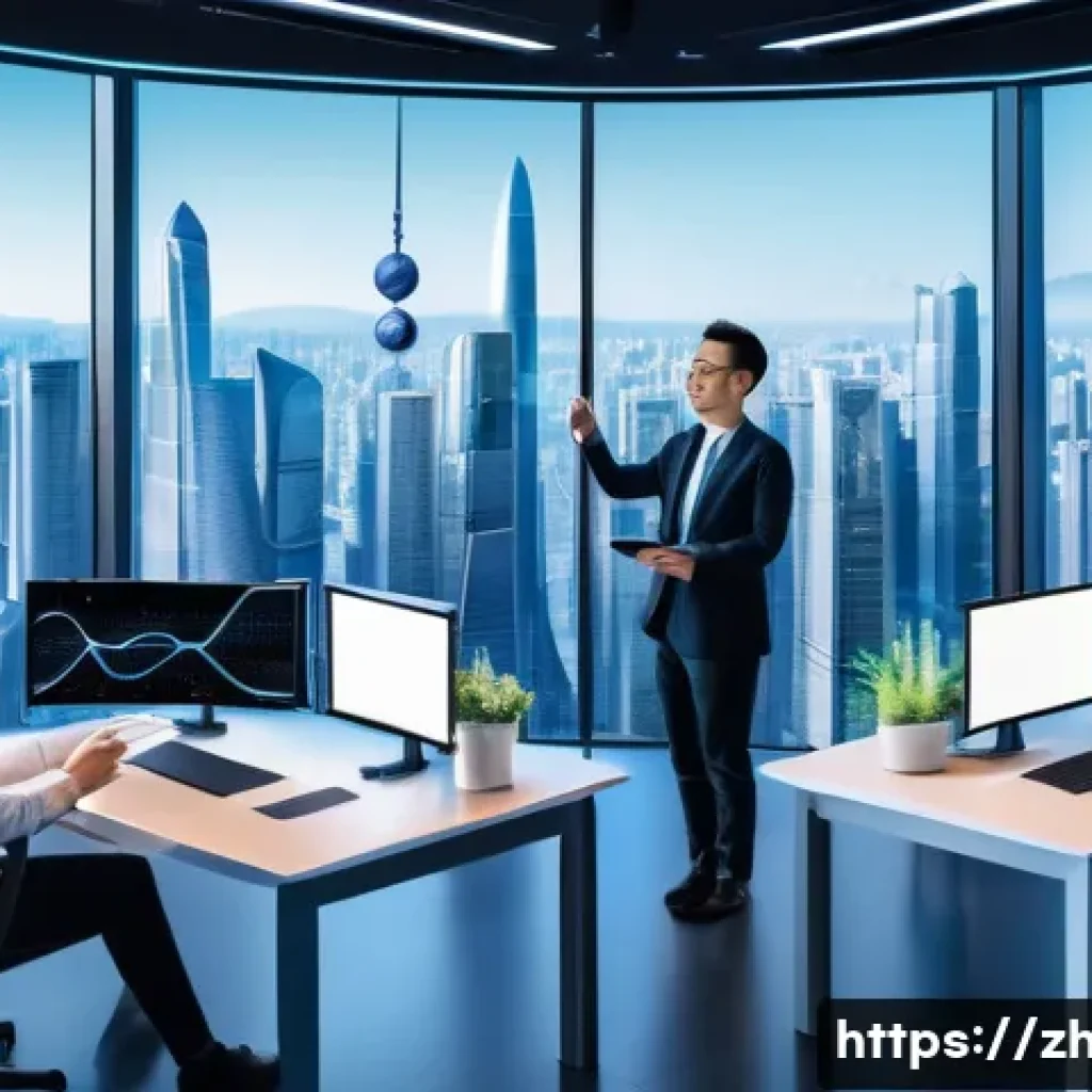 지적재산권과 4차 산업혁명 - A futuristic office scene featuring a diverse team of Chinese professionals collaborating on AI-driv...