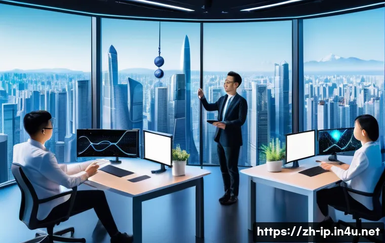 지적재산권과 4차 산업혁명 - A futuristic office scene featuring a diverse team of Chinese professionals collaborating on AI-driv...
