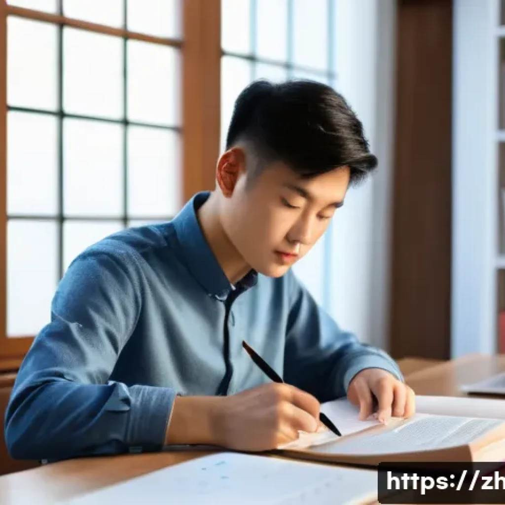 지적재산권 시험에서 고득점 비결 - A modern study room scene showcasing a young Chinese student attentively preparing for an intellectu...