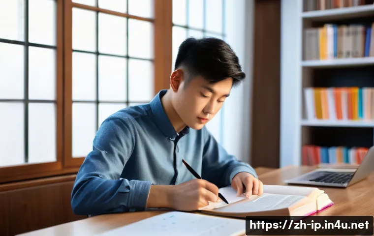 지적재산권 시험에서 고득점 비결 - A modern study room scene showcasing a young Chinese student attentively preparing for an intellectu...
