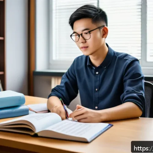 지적재산권 자격 취득을 위한 공부 방법 - A modern study room scene featuring a young Chinese adult diligently preparing for the intellectual ...