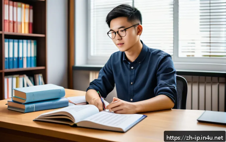 지적재산권 자격 취득을 위한 공부 방법 - A modern study room scene featuring a young Chinese adult diligently preparing for the intellectual ...