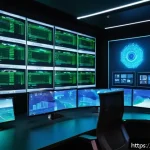지적재산권 실무의 최신 트렌드 - A futuristic digital copyright protection scene showing a high-tech video streaming platform interfa...