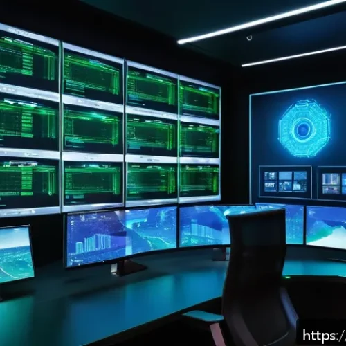 지적재산권 실무의 최신 트렌드 - A futuristic digital copyright protection scene showing a high-tech video streaming platform interfa...
