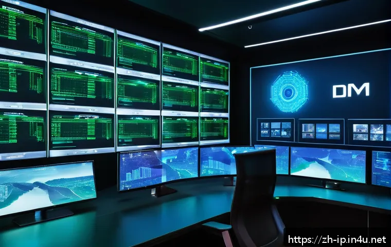 지적재산권 실무의 최신 트렌드 - A futuristic digital copyright protection scene showing a high-tech video streaming platform interfa...