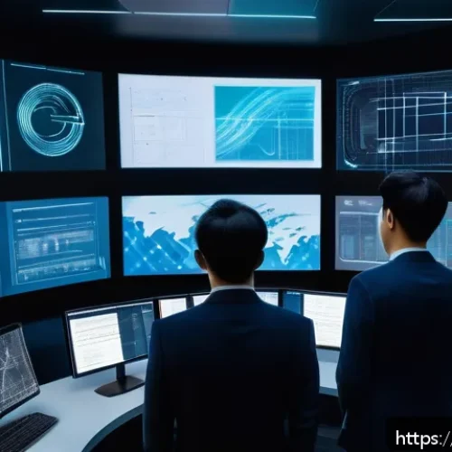 지적재산권 관련 연구 과제 제안 - A futuristic control room scene showcasing an advanced AI-powered intellectual property infringement...