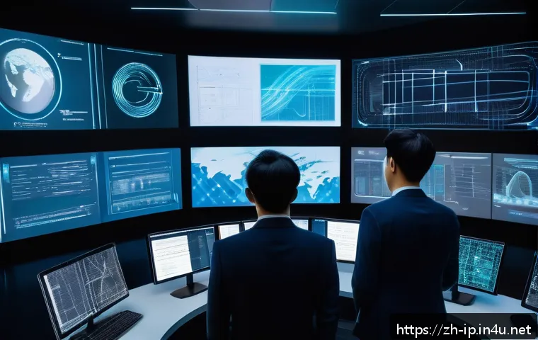 지적재산권 관련 연구 과제 제안 - A futuristic control room scene showcasing an advanced AI-powered intellectual property infringement...