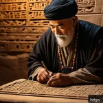 지적재산권의 역사와 발전 과정 - An ancient Mesopotamian scribe in traditional robes carefully engraving cuneiform symbols on a clay ...