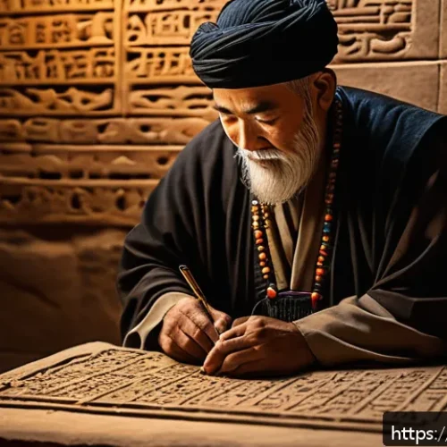지적재산권의 역사와 발전 과정 - An ancient Mesopotamian scribe in traditional robes carefully engraving cuneiform symbols on a clay ...