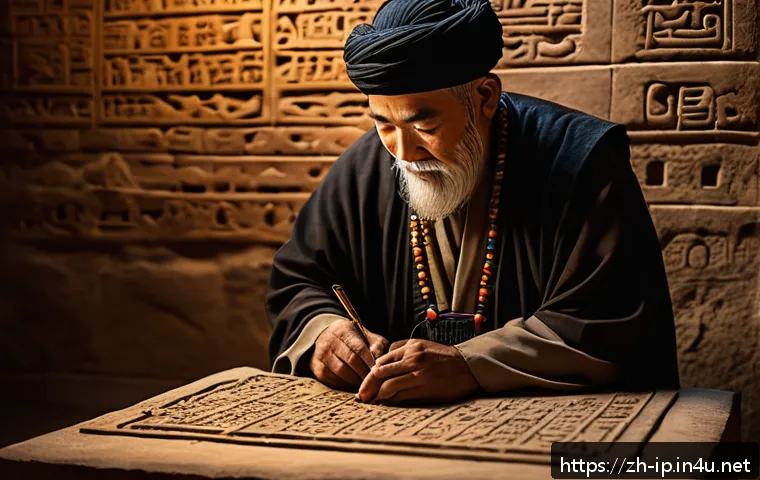 지적재산권의 역사와 발전 과정 - An ancient Mesopotamian scribe in traditional robes carefully engraving cuneiform symbols on a clay ...